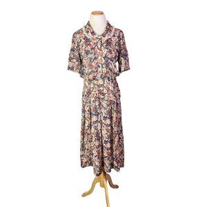 Vintage Unbranded Floral Shirtdress Sheer Lace Collar Fits 10/12